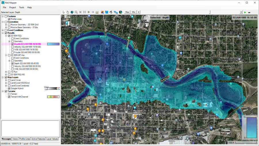 Figure 6-25. RAS Mapper with background Web imagery loaded with an inundation depth grid overlaid. Figure 6-25. RAS Mapper with background Web imagery loaded with an inundation depth grid overlaid.