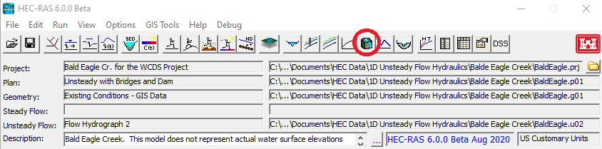 Figure 6-29. HEC-RAS Main Window with 3D Viewer Button. Figure 6-29. HEC-RAS Main Window with 3D Viewer Button.
