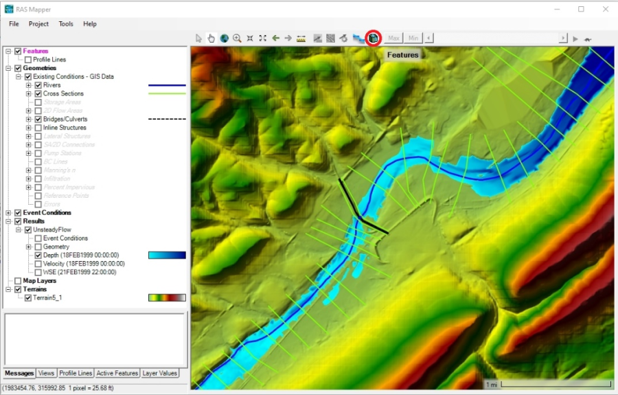 Figure 6-30. 3D Viewer Access Button in HEC-RAS Mapper. Figure 6-30. 3D Viewer Access Button in HEC-RAS Mapper.