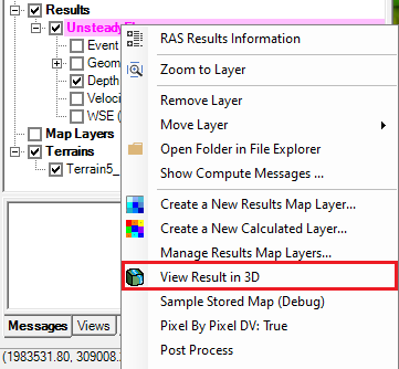 Figure 6-31. Selecting the 3D Viewer from HEC-RAS Mapper Menu. Figure 6-31. Selecting the 3D Viewer from HEC-RAS Mapper Menu.