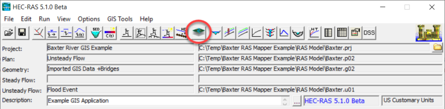 Figure 6-36. HEC-RAS Main Window with HEC-RAS Mapper Button Highlighted. Figure 6-36. HEC-RAS Main Window with HEC-RAS Mapper Button Highlighted.