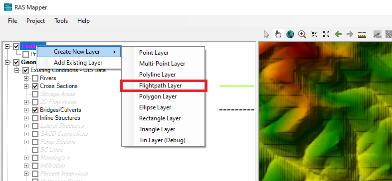 Figure 6-37. HEC-RAS Mapper Menu with Flightpath Layer Selection shown. Figure 6-37. HEC-RAS Mapper Menu with Flightpath Layer Selection shown.