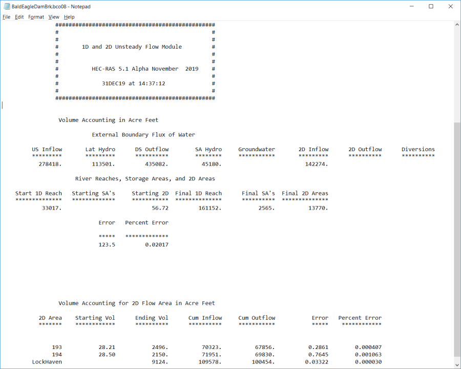 Figure 5-6. Example Computational Log File with Volume Accounting Output. Figure 5-6. Example Computational Log File with Volume Accounting Output.