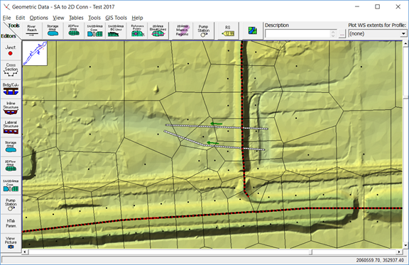 Figure 3-45. SA/2D Area Connection for Modeling a Levee (drawn left to right looking downstream) with Culverts (drawn upstream to downstream).