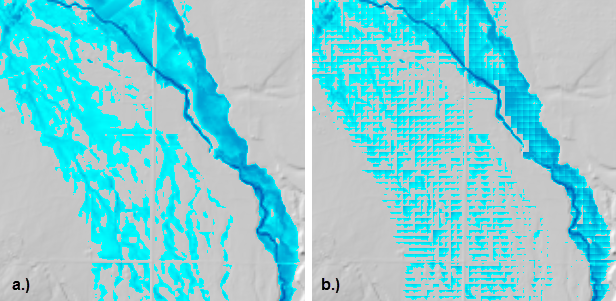 Figure 6-6. Comparison of (a) sloping and (b) horizontal water surface mapping option for inundation depth.