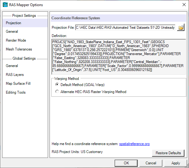 Figure 6-23. Editor to set the RAS project's spatial reference system.