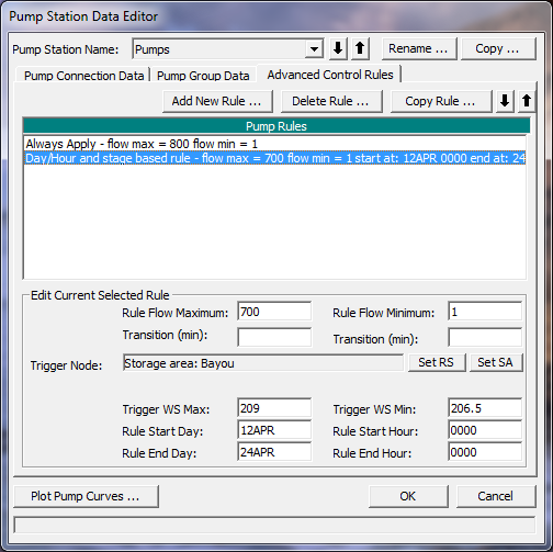 Figure 3-68. Pump Editor with Advanced Control Rules Tab Selected.