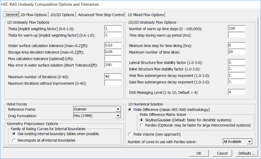 Figure 5-13. HEC-RAS Unsteady Computation Options and Tolerances dialog shown the Wind Forcing options.