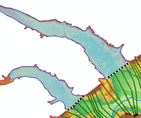 Example of using storage areas and lateral weirs to account for flow reversals up tributaries.