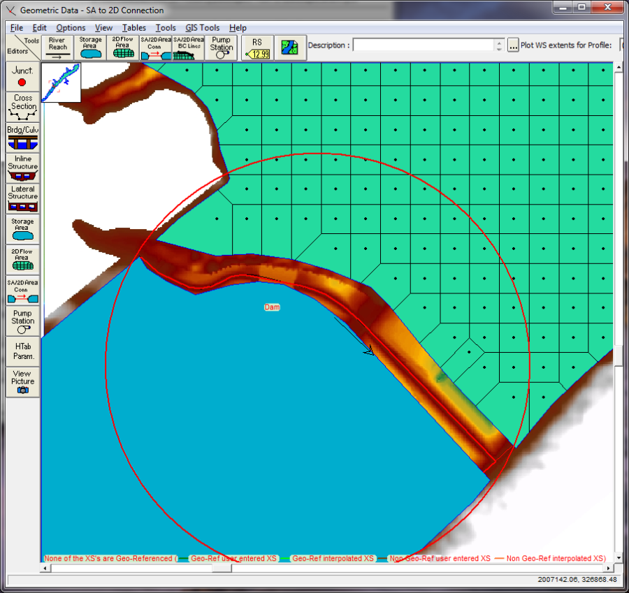 Example of a Storage Area connected to a 2D Flow Area.