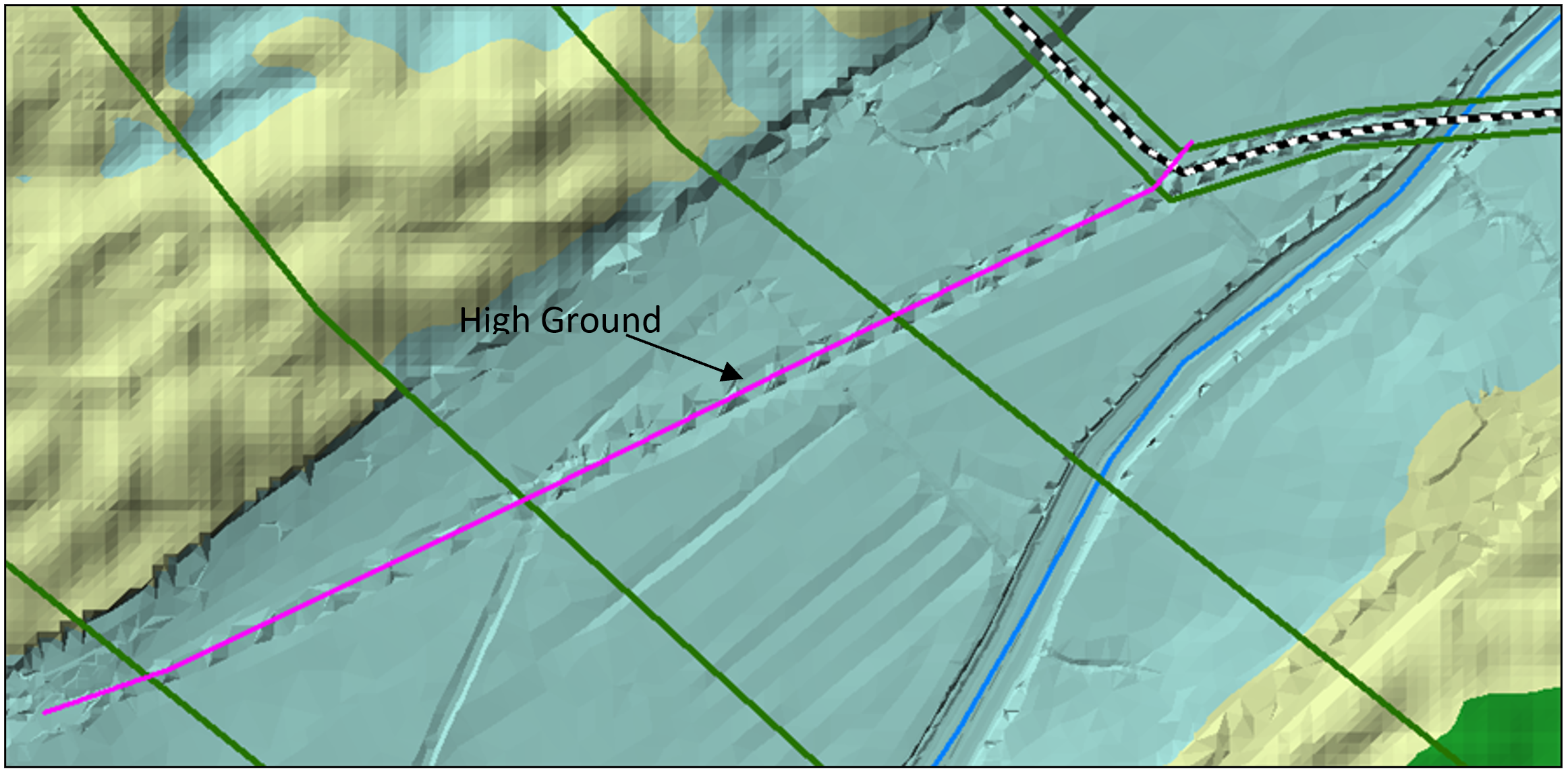 High ground (road or levee) represented as part of the cross sections.
