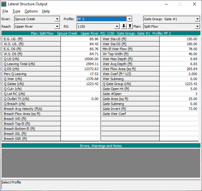 Lateral Weir Output Table for Profile 3