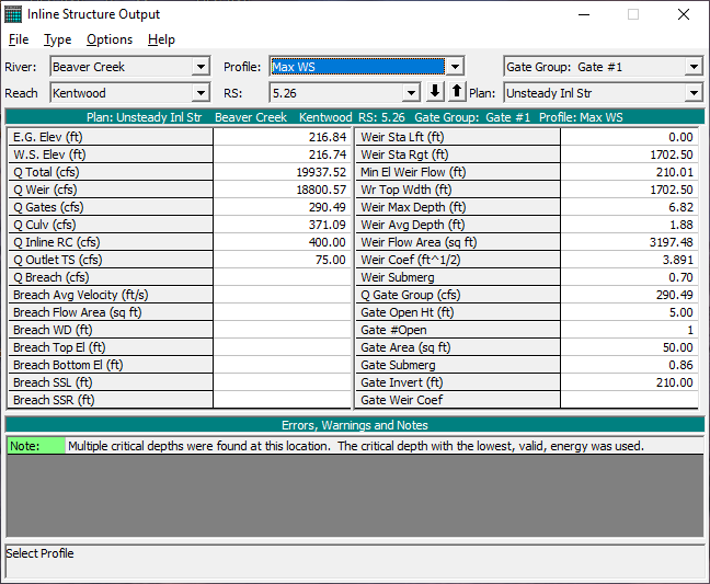 Inline Structure Output Table for Max WS Profile