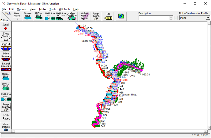 River System Schematic for Mississippi Ohio Junction shown within the Geometric Data Editor