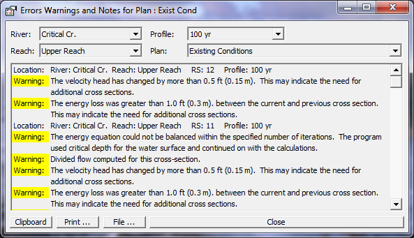 Summary of Warnings and Notes for Critical Creek