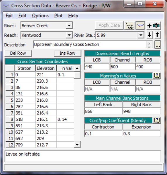 Cross Section Data Editor for River Station 5.99