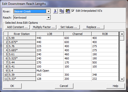 Reach Lengths Table for Modified Conditions Plan