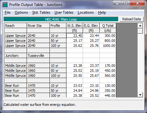 Junction Table for First Estimate of Flow Distribution