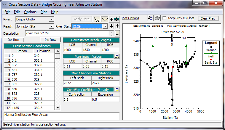 Cross Section Data Editor for River Station 52.29