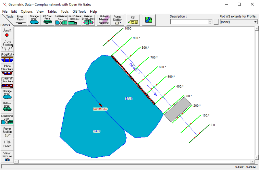 River System Schematic for Marston Creek with Storage Areas