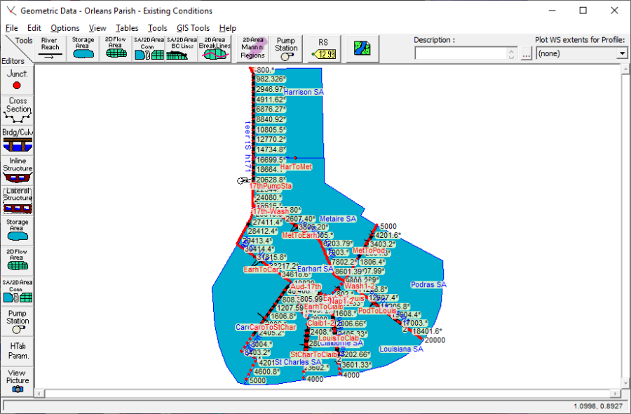 River System Schematic for New Orleans Parish System shown within the Geometric Data Editor