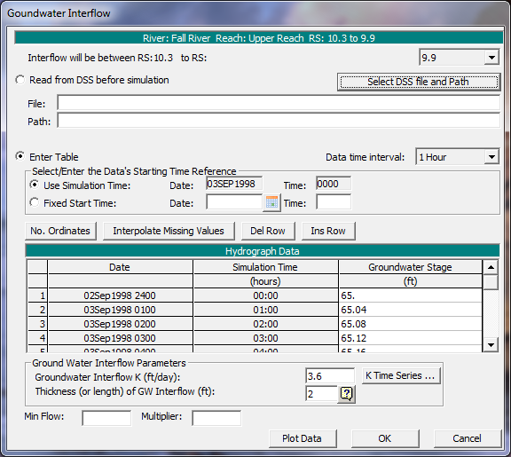  Groundwater Interflow Editor for RS 10.3 of Upper Reach