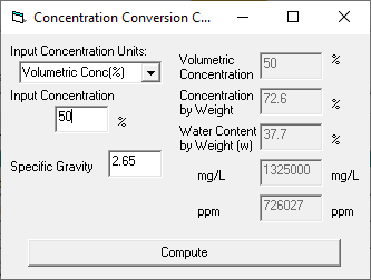 Concentration calculator results, computing the other concentration conventions for mixtures that are half solids by volume (left) and half solids by weight (right).