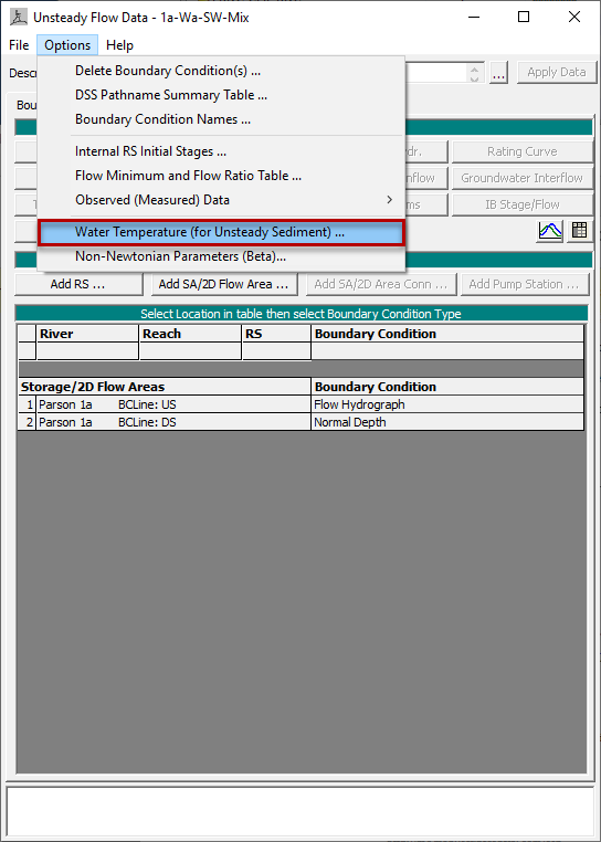 Choose the Water Temperature Option to define temperature time series.