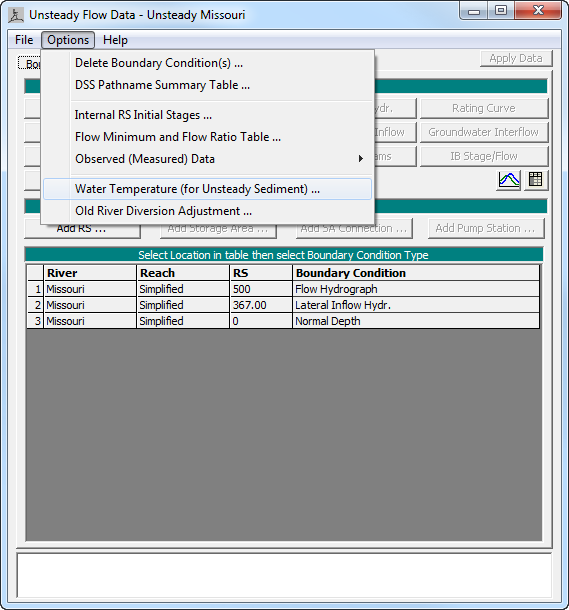 Specifying water temperature for unsteady sediment models.