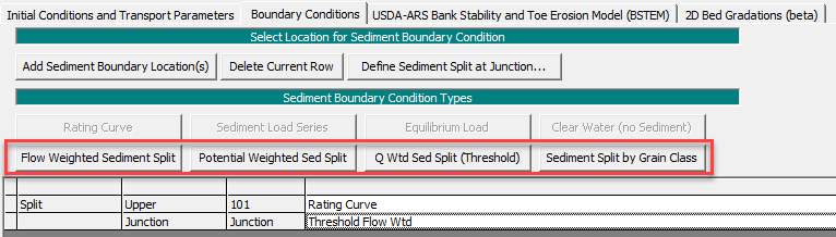Four HEC-RAS options to compute the sediment split at a junction.