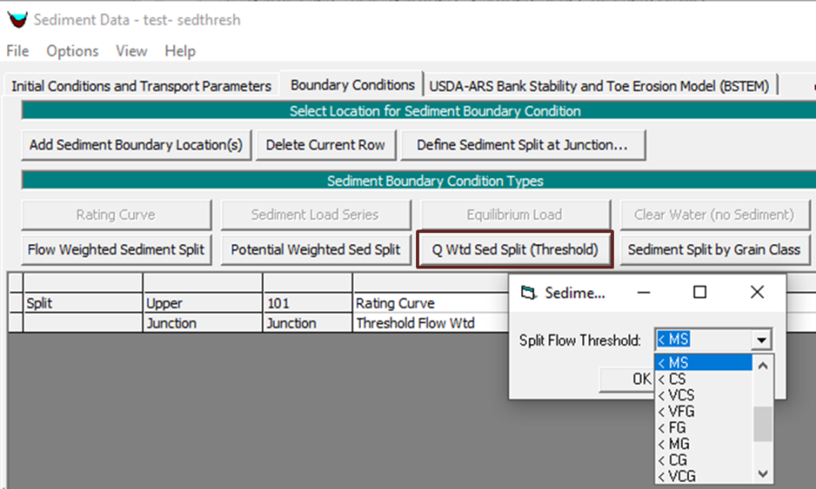  Flow weighted sediment split with a sediment split threshold. HEC-RAS will only send sediment finer than the user specified threshold to the secondary reach.