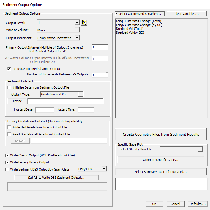 Sediment output options editor.