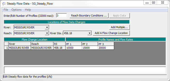 Steady flow file built to support the specific gage analysis, selected in the drop down box in the previous figure. The Specific Gage Analysis will perform a steady flow analysis with each of these flows and geometries created from sediment output at each date specified in the previous figure.