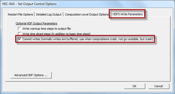 Select final HDF5 writes after each time step to access HDF5 output after an HEC-RAS crash (this will increase run times).