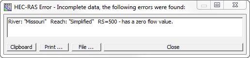 Zero Flow Value pre-run error message.