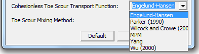 BSTEM Options Editor - Transport functions available for cohesionless toe scour in BSTEM.