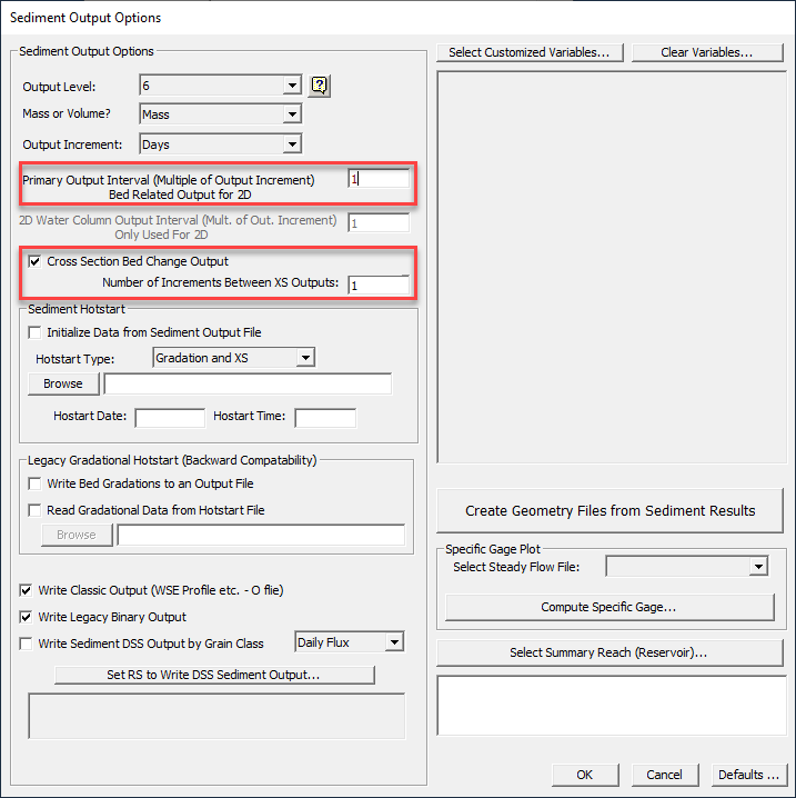  Requesting and specifying the frequency of sediment cross section output in the Sediment Output Options dialog box. 