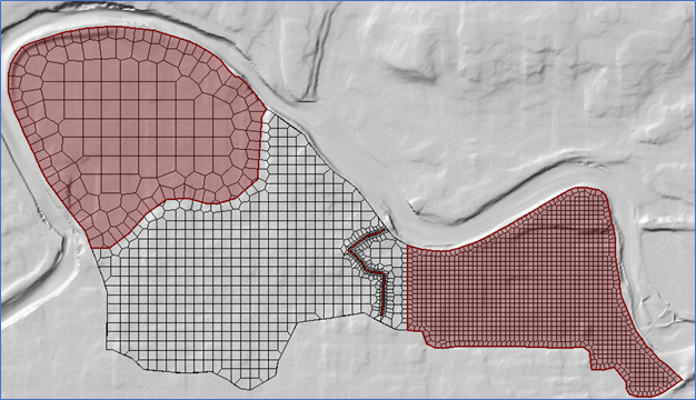Example 2D Area with refinement regions used to simplify a portion of the mesh and densify another portion of the mesh.
