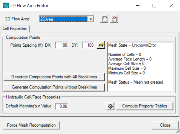 2D Flow Area Editor.