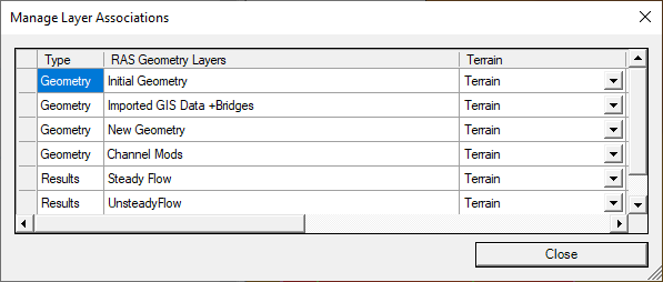 Manage Layer Associations dialog.