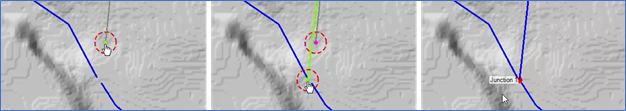 A junction is formed when three reach endpoints are within the junction tolerance (indicated by the red, dashed circle).