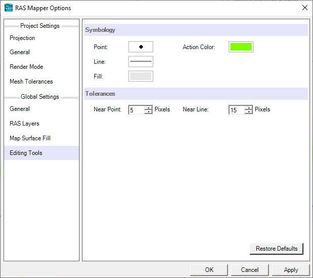 Editing Tool default symbology and snapping tolerances.