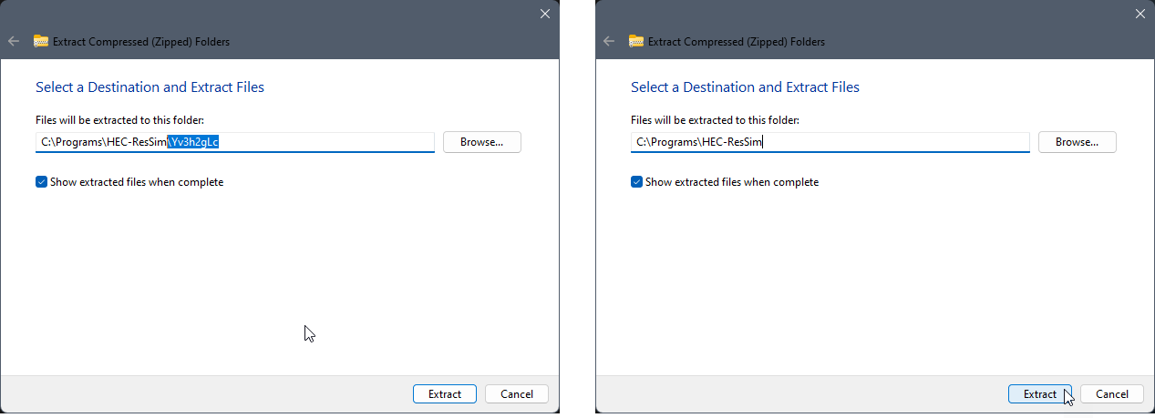 Simplify the destination path and select Extract.
