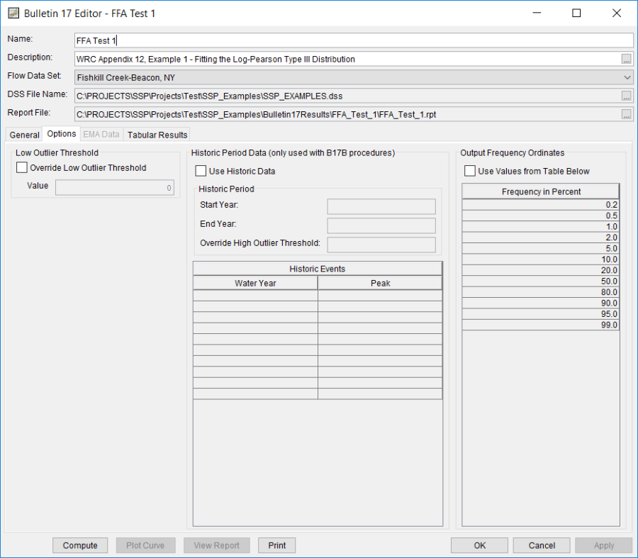 Figure 4. Bulletin 17 Editor with Options Tab Selected for FFA Test 1