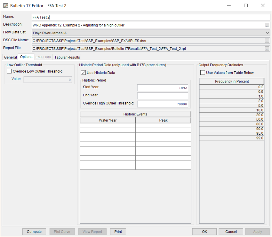 Figure 4. Bulletin 17 Editor with Options Tab Selected for FFA Test 2