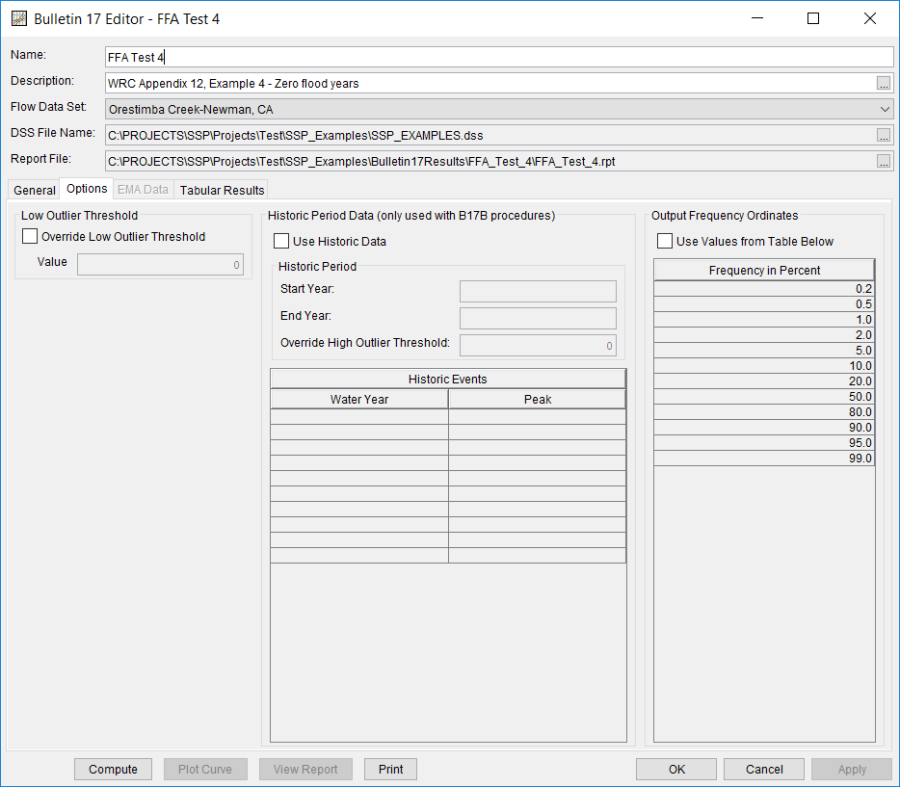 Figure 4. Bulletin 17 Editor with the Options Tab Selected for FFA Test 4