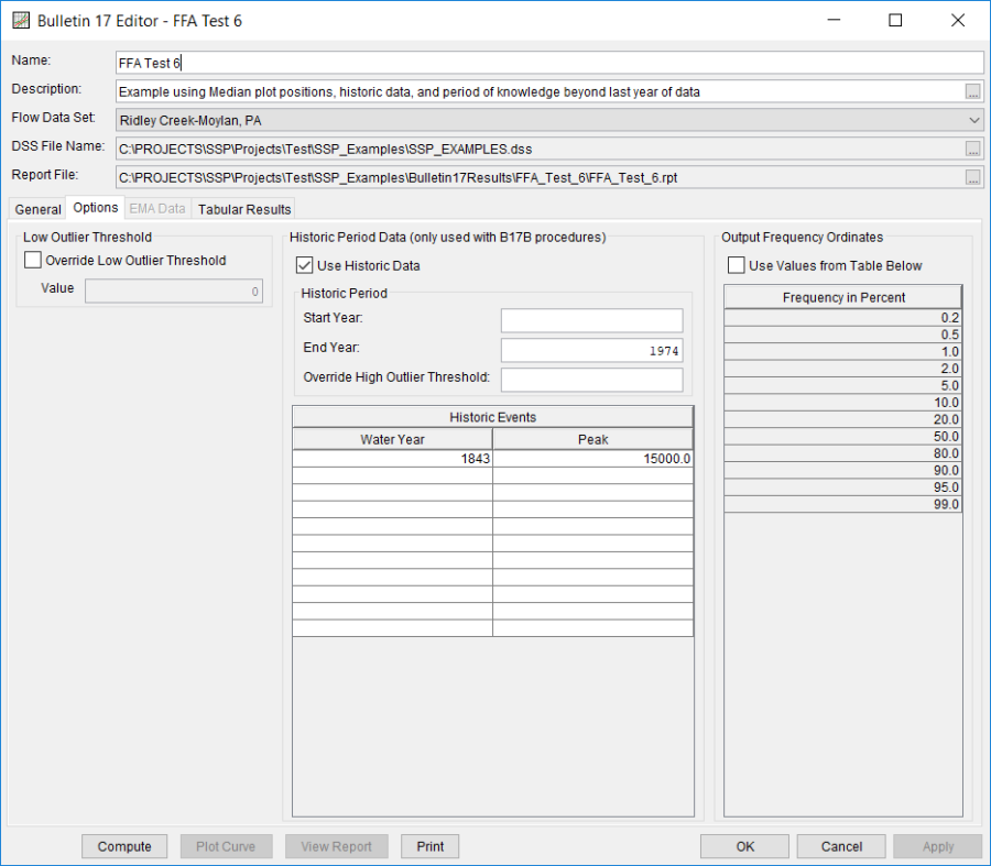 Figure 4. Bulletin 17 Analysis Editor with Options Tab Shown for FFA Test 6