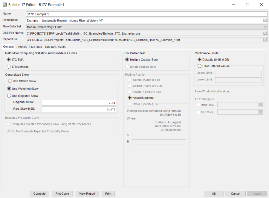 Figure 2. Bulletin 17 Analysis General Tab for B17C Example 1.