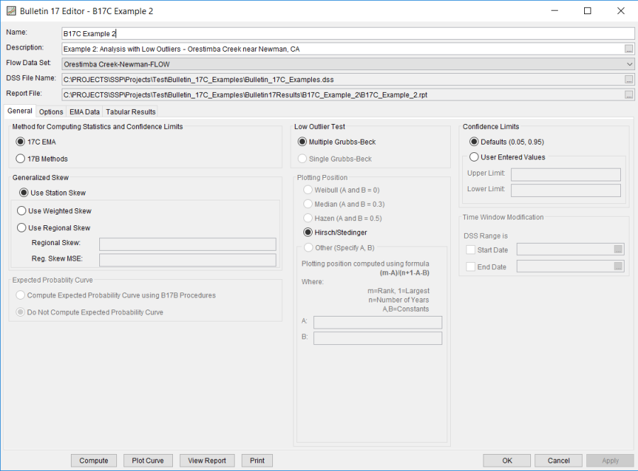 Figure 2. Bulletin 17 Analysis General Tab for B17C Example 2.