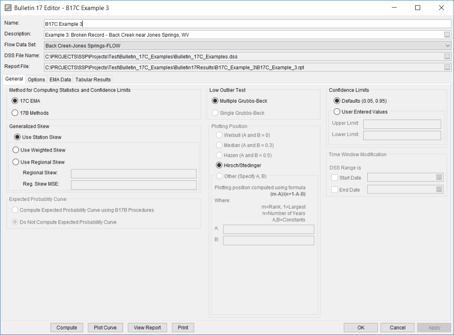 Figure 2. Bulletin 17 Analysis General Tab for B17C Example 3.